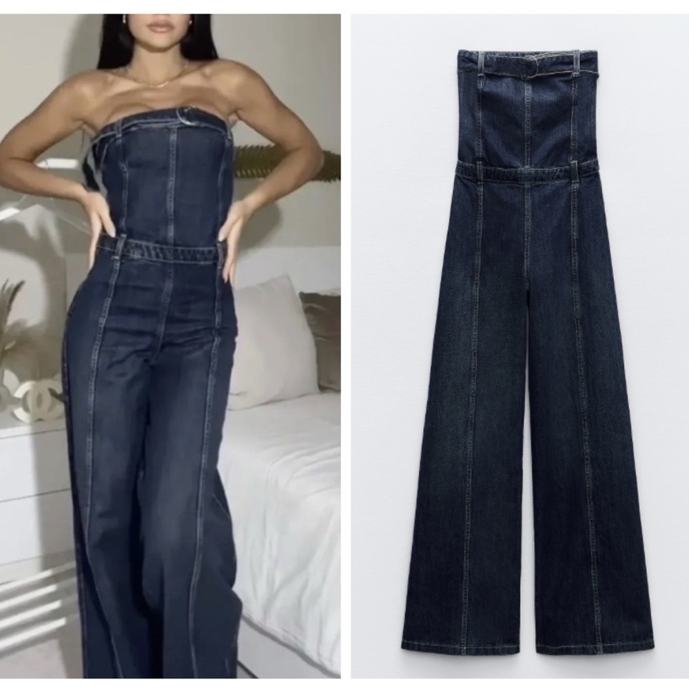 ZARA long strapless denim jumpsuit blogger favorite